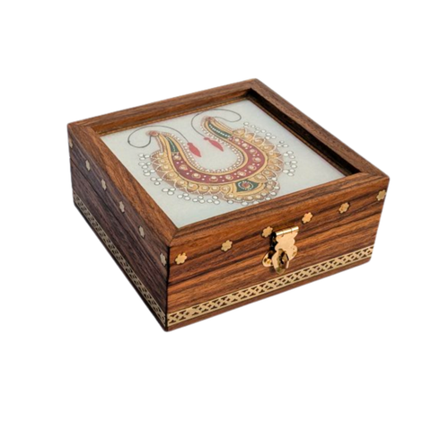 Handcrafted Sheesham Wood Jewelry Box with Marble Tile & Brass Inlay