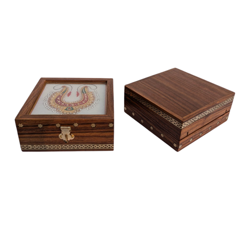 Handcrafted Sheesham Wood Jewelry Box with Marble Tile & Brass Inlay