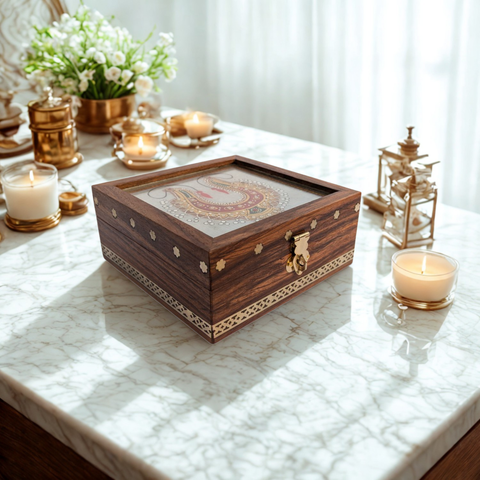 Handcrafted Sheesham Wood Jewelry Box with Marble Tile & Brass Inlay