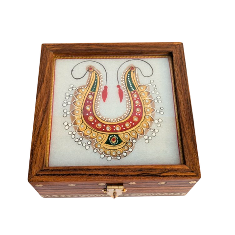 Handcrafted Sheesham Wood Jewelry Box with Marble Tile & Brass Inlay