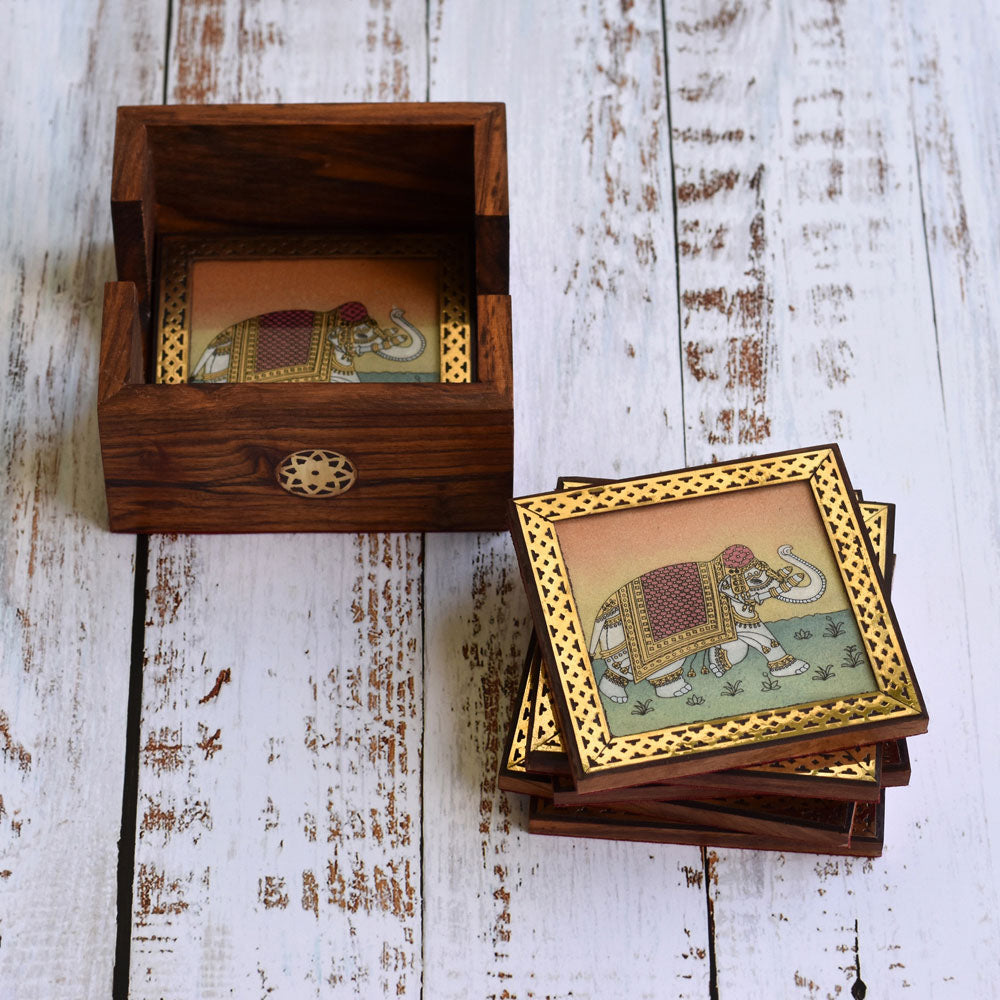 Elephant Gemstone Wooden Tea Coasters Set | Handmade Coasters with Hol ...