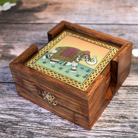 Elephant Theme Glass Gemstone Painting Studded Wooden Tea Coaster (Set of 6) – Premium Decorative Tableware