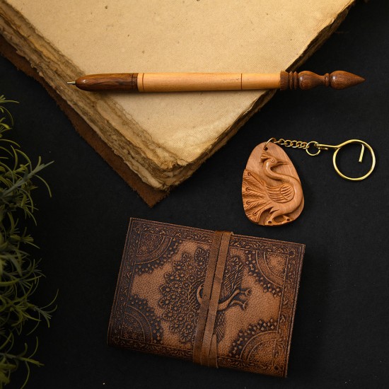 Premium 3 in 1 Peacock Theme Pocket Size Notebook Diary with Wooden Handmade Pen, and Peacock Hand Curved Key Chain Gift Set