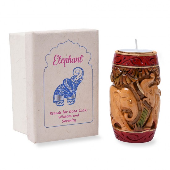 Beautiful Hand Curved & Hand Painted Tea Light Holder, Handcurved Elephants in Jungle Theme Tea light Holder with Gift Box