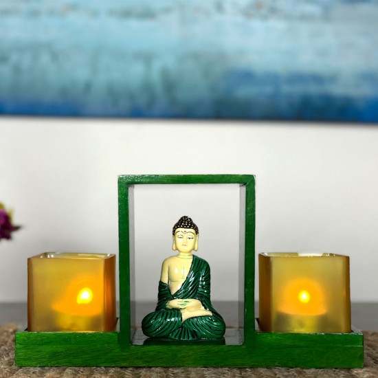 Wooden Glass Votive Holder with Handpainted Fine Fiber Buddha Statue | Royal Decor