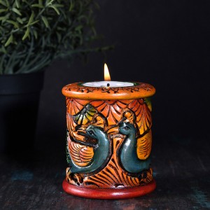 Peacock Theme Round Tealight Holder, Hand Curved P...