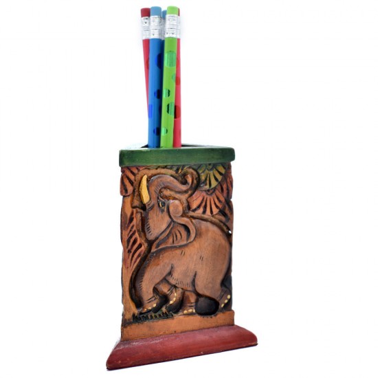 Wooden Pen Holder showing Hand Curved and Hand Painted Elephant Theme in Jungle