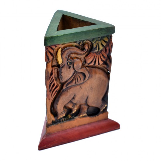 Wooden Pen Holder showing Hand Curved and Hand Painted Elephant Theme in Jungle