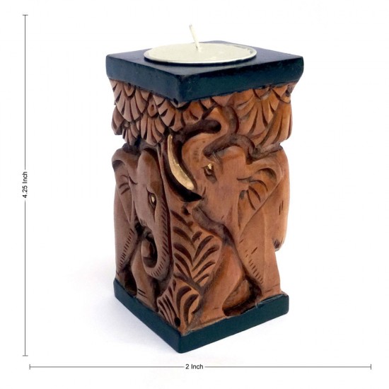 Two Elephant in Jungle Theme Square Tealight Holder, Elephant Hand Carved on Wood in Double Way Antique Finish