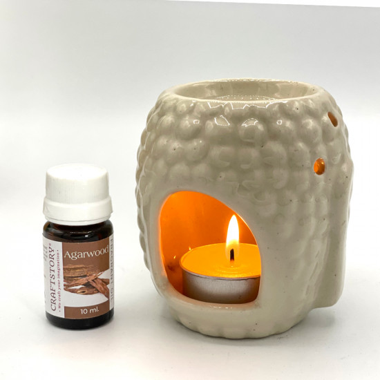 White Ceramic Buddha Head Aroma Oil Diffuser and Mini Table Lamp (Free 10 ml. Fragrant Oil Bottle & Tea Light)