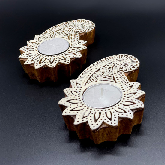 Gorgeous Wooden Hand Block Candle Holder, Paisley Design Tealight Holder Made with Pure Indian Sheesham Wood (Set of 2)