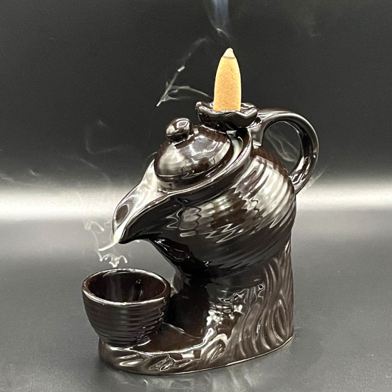 Ceramic Teapot Shape Water Fall Backflow Smoke Fountain Cone Holder (FREE 10 Incense Cone & Incense Sticks Pack )
