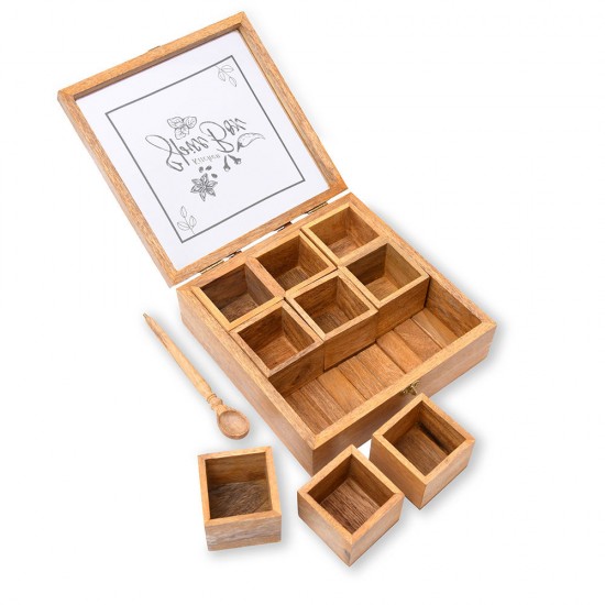Hand Crafted Big Size 9 Container Spice Box with Pen Spoon | Masala Box | Lock Spice Rack Container | Spice Container for Kitchen | Wooden Masala Box (9 Container)