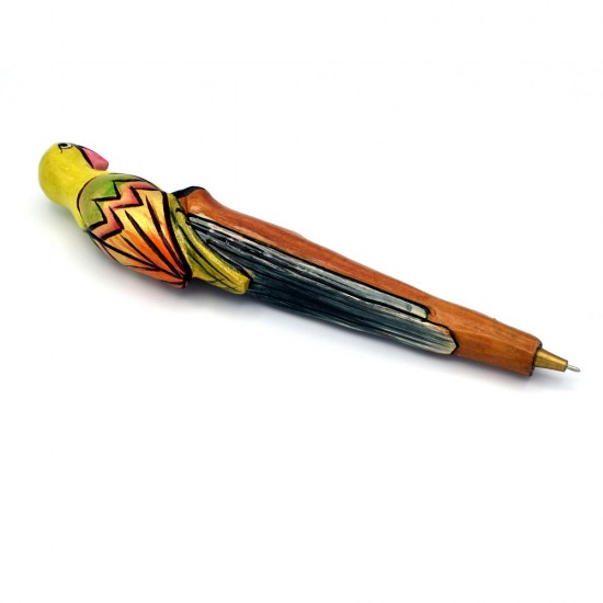 Superbly hand crafted and miniature hand painted Wooden Parrot Shape Ball Pen with Handmade paper gift box, Designer Ball Pen (7.75" x 1")