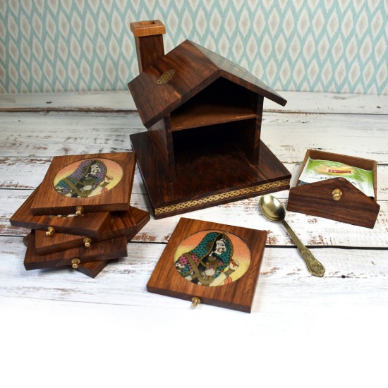 Handmade Hut Shape Wooden Coasters, Gem Stone Painting Traditional Meera Design Glass Top Set of 6 Coasters